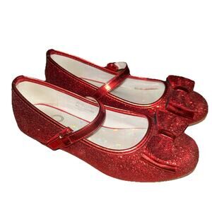 Size 2 Girl's RED Mary Jane Shoes Bows Ruby Slippers Glitter Wizard OZ